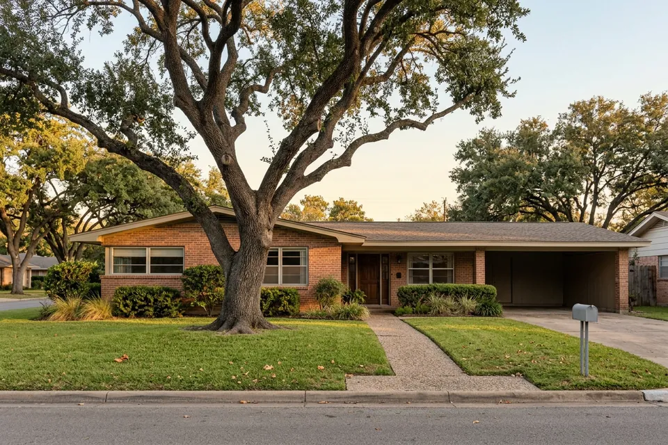 Illustration of a 1960s brick ranch house with a carport