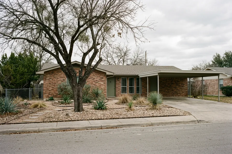 Illustration of a 1970s brick ranch house with a carport