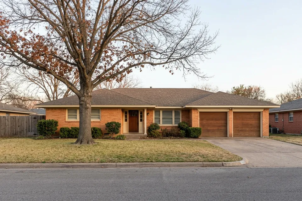 Illustration of a 1970s brick ranch house with a two-car garage
