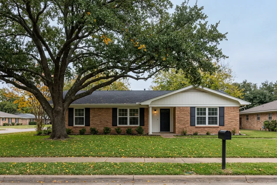 Illustration of a 1970s brick ranch house with shutters