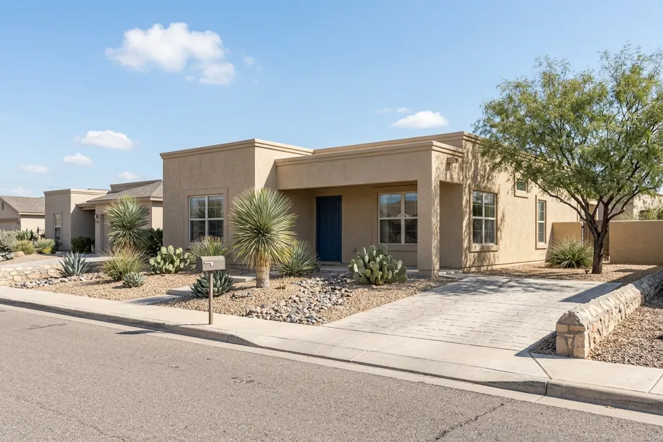 Illustration of a flat-roofed stucco ranch house