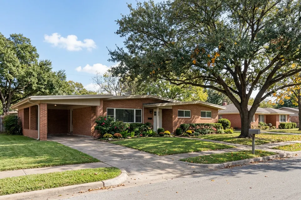 Illustration of a 1960s brick ranch house with a carport
