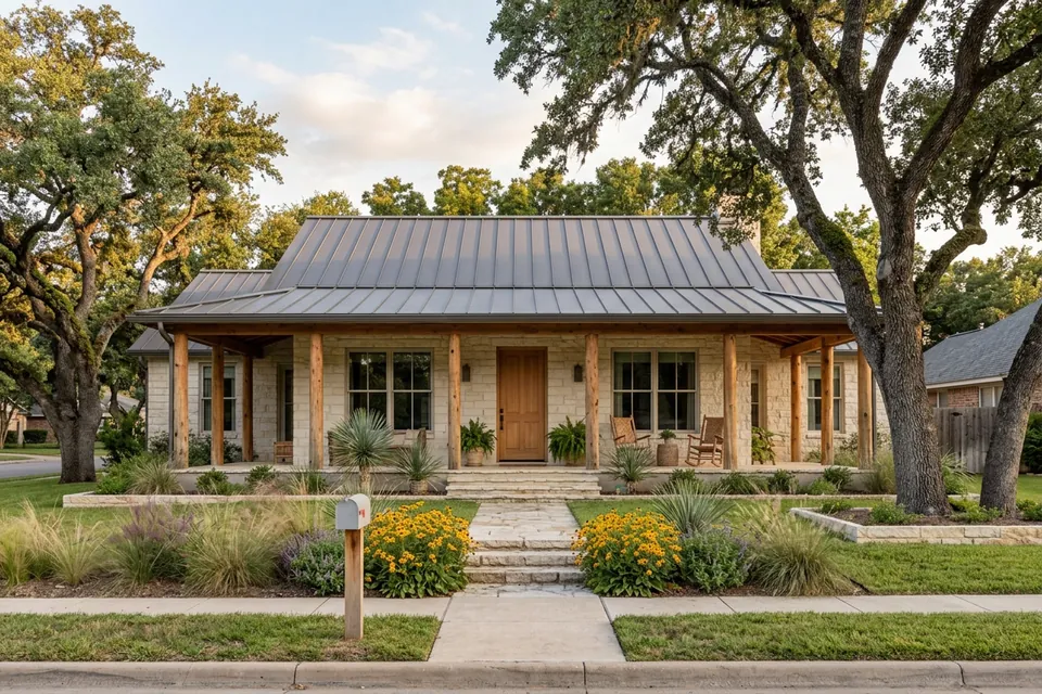 Illustration of a limestone ranch house with a metal roof