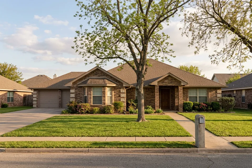 Illustration of a 1980s brown brick ranch house with a bay window