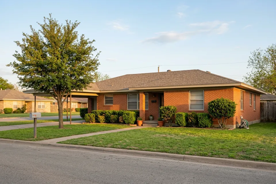Illustration of a 1960s red brick ranch house with a carport