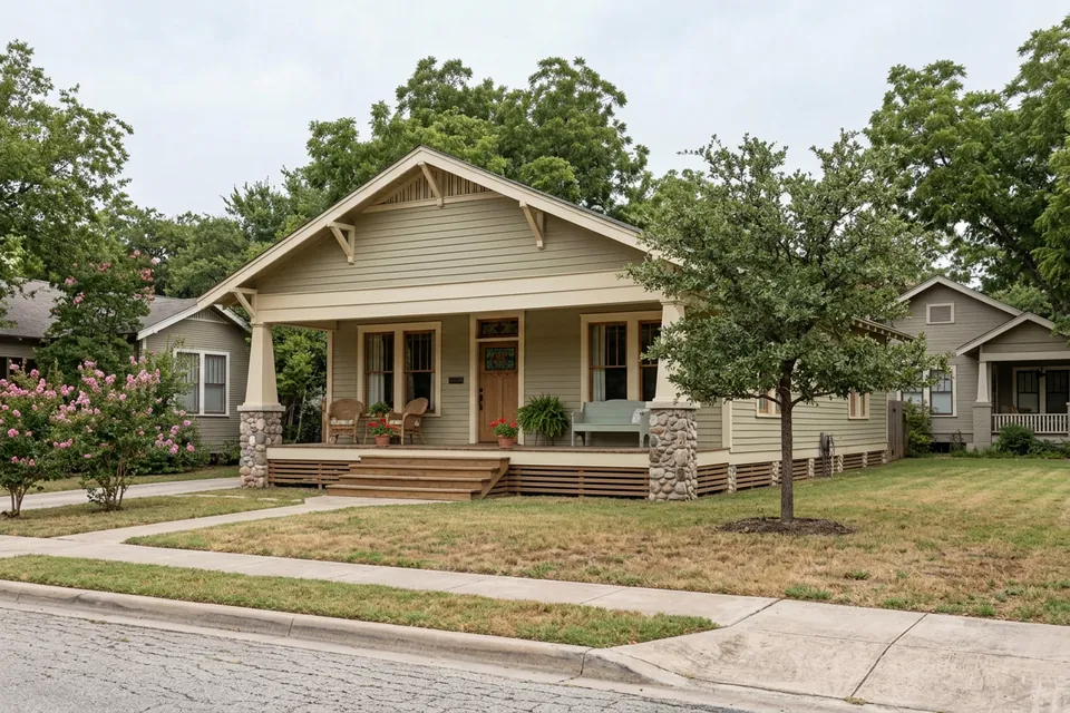 Illustration of a 1930s Craftsman bungalow on a pier and beam foundation
