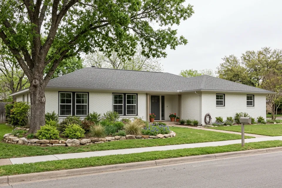 Illustration of a 1970s white-painted brick ranch house