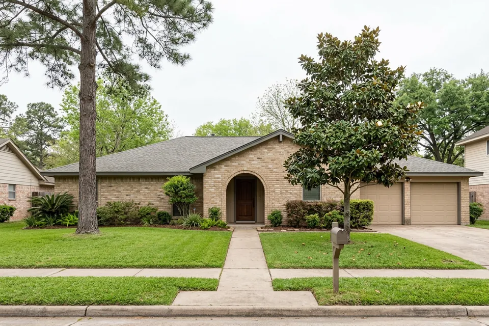 Illustration of a 1980s tan brick house with an arched entry