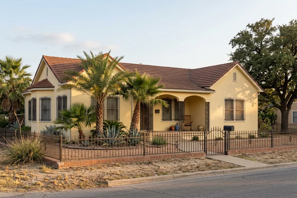 Illustration of a yellow stucco house with an iron fence