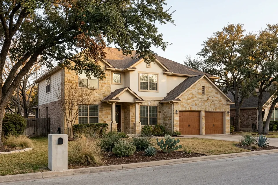 Illustration of a two-story limestone and stucco house