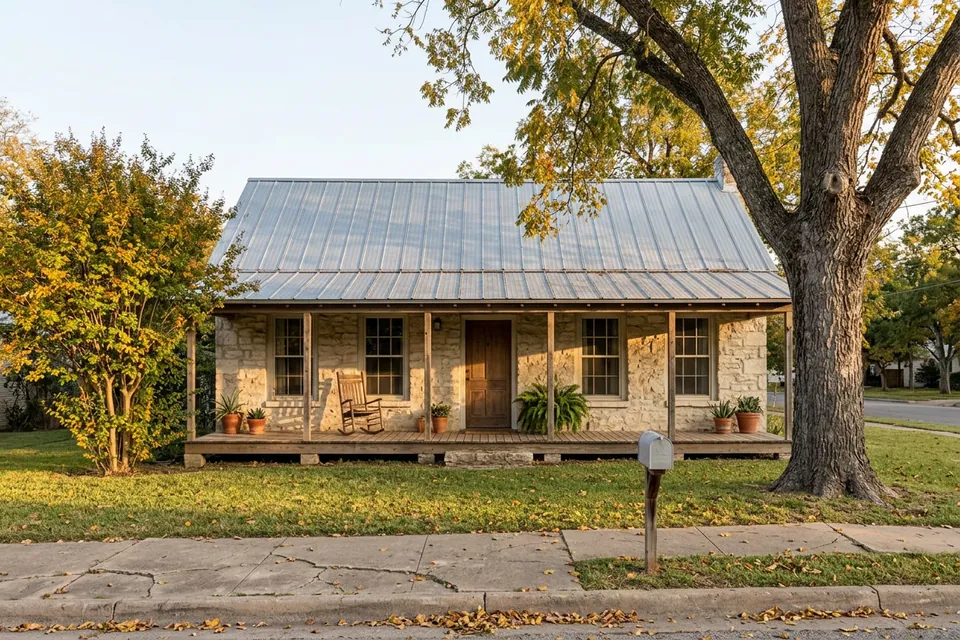 Illustration of a small limestone cottage with a tin roof
