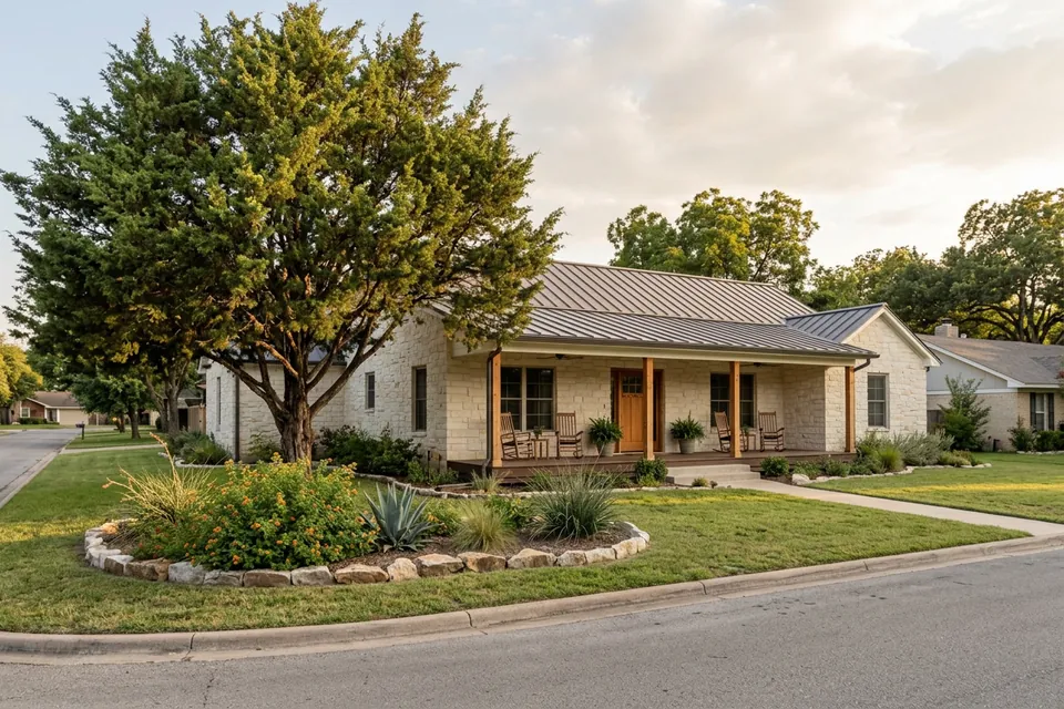Illustration of a limestone ranch house with a metal roof