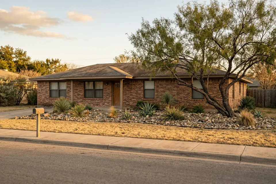 Illustration of a red-brown brick ranch house