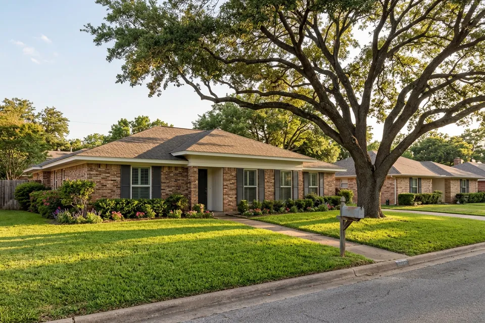 Illustration of a 1970s brick ranch house with shutters