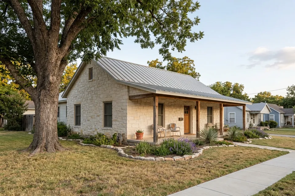 Illustration of a limestone ranch house with a metal roof