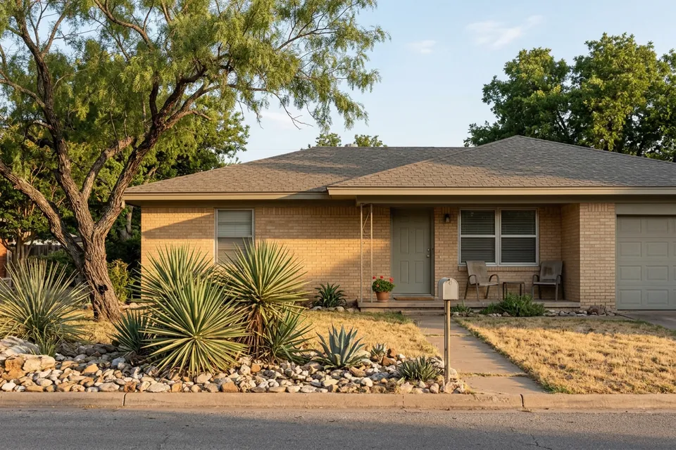 Illustration of a 1980s tan brick house