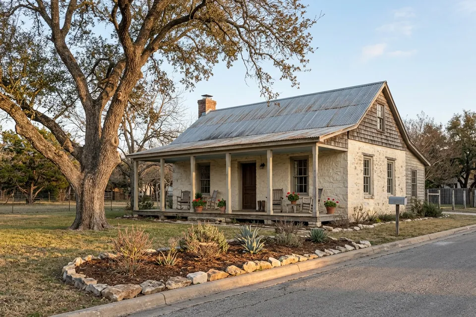 Illustration of a small limestone cottage with a tin roof