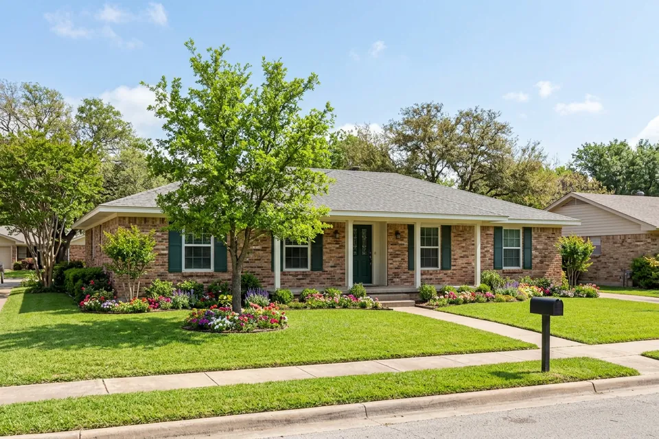 Illustration of a 1970s brick ranch house with shutters