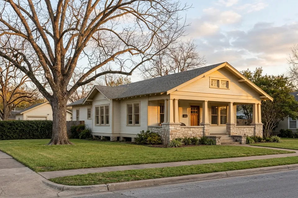 Illustration of a 1930s Craftsman bungalow on a pier and beam foundation