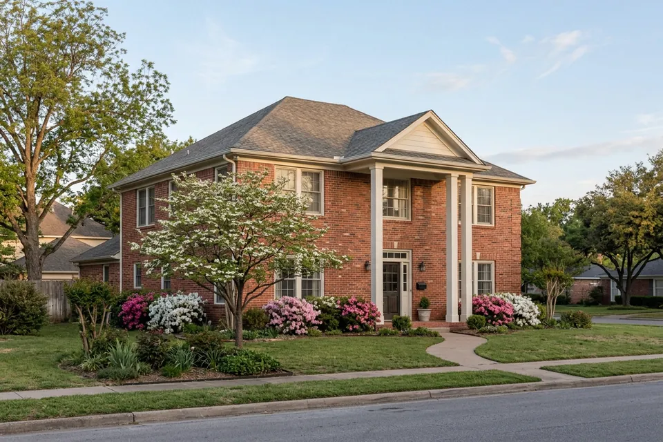 Illustration of a two-story red brick house with white columns