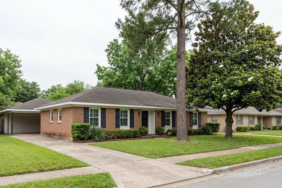 Illustration of a 1970s brick ranch house with shutters