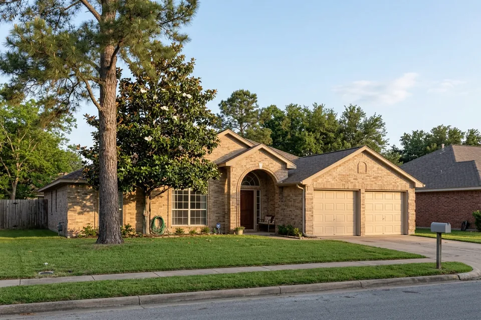 Illustration of a 1980s tan brick house with an arched entry