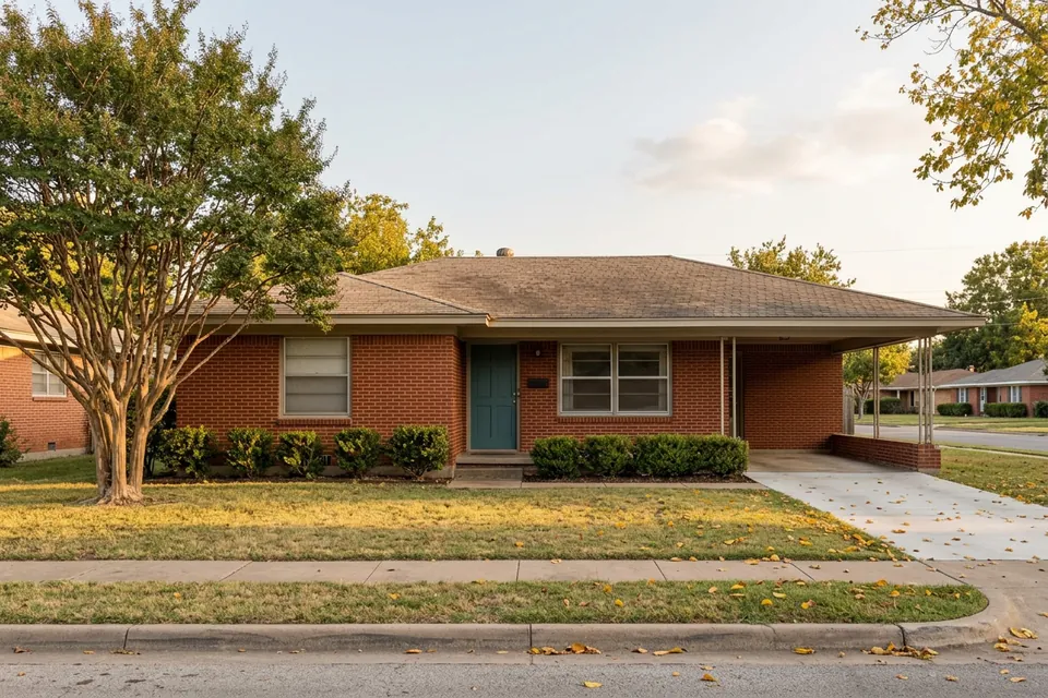 Illustration of a 1960s red brick ranch house with a carport