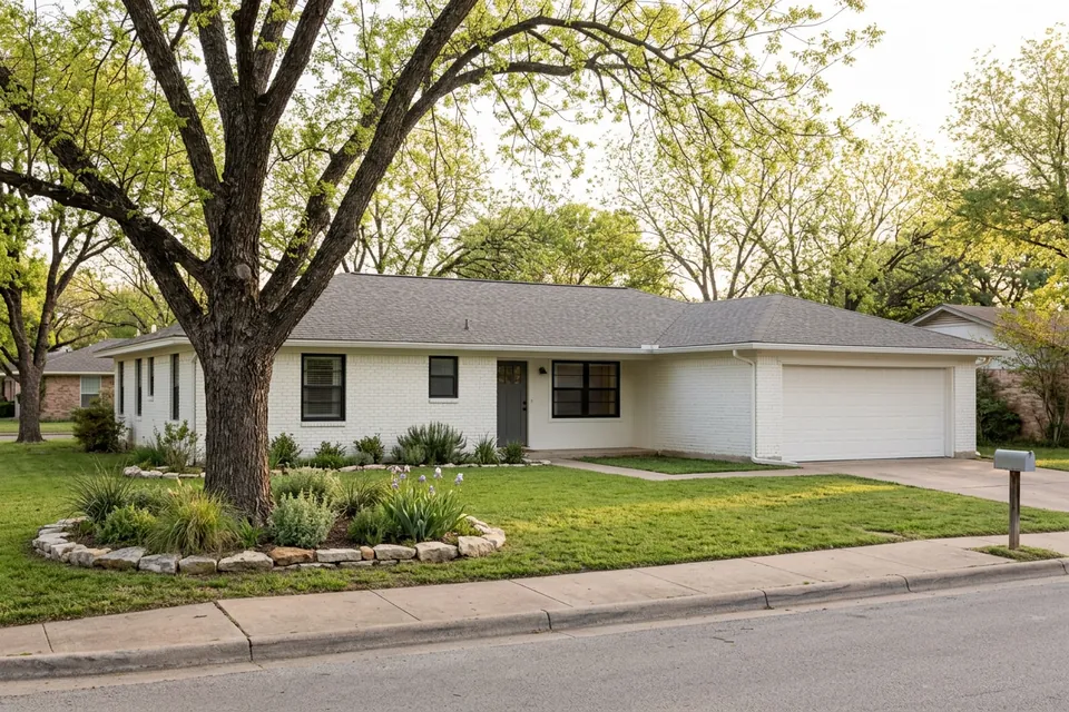 Illustration of a 1970s white-painted brick ranch house