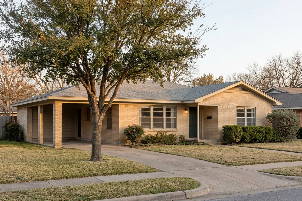 Illustration of a 1960s brick ranch house with a carport