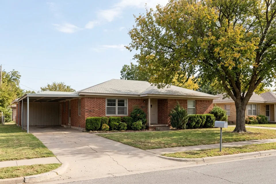 Illustration of a 1960s red brick ranch house with a carport