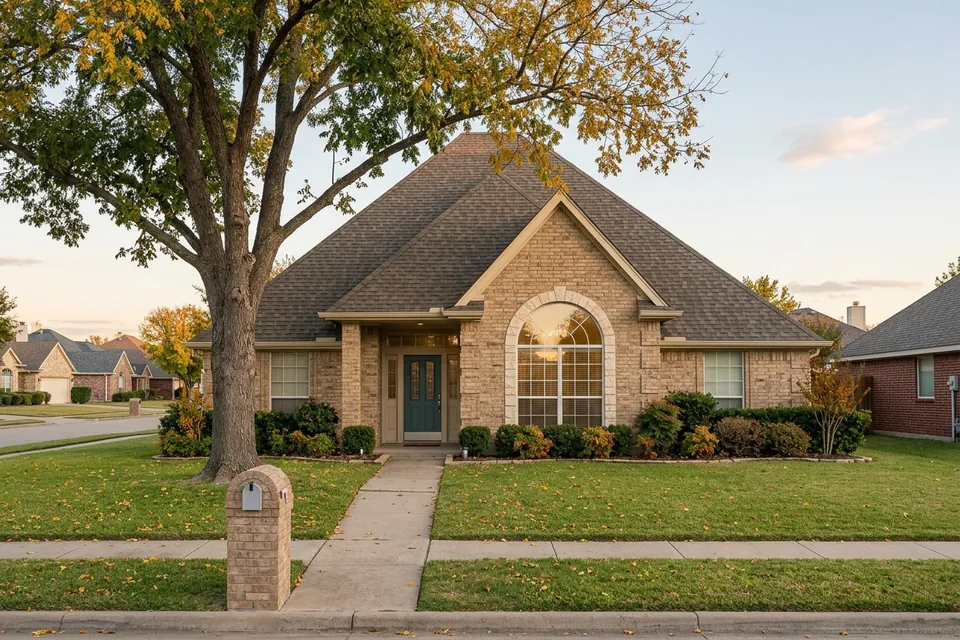 Illustration of a 1990s tan brick house with a tall roof