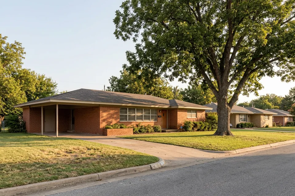 Illustration of a 1960s red brick ranch house with a carport