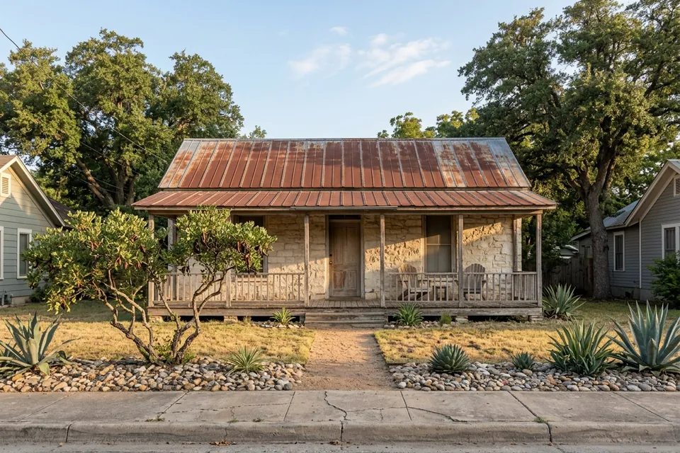 Illustration of a small limestone cottage with a tin roof