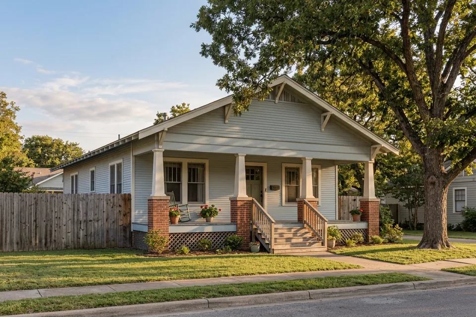 Illustration of a 1930s Craftsman bungalow on a pier and beam foundation