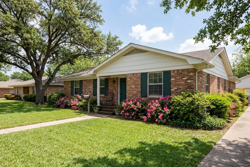 Illustration of a 1970s brick ranch house with shutters