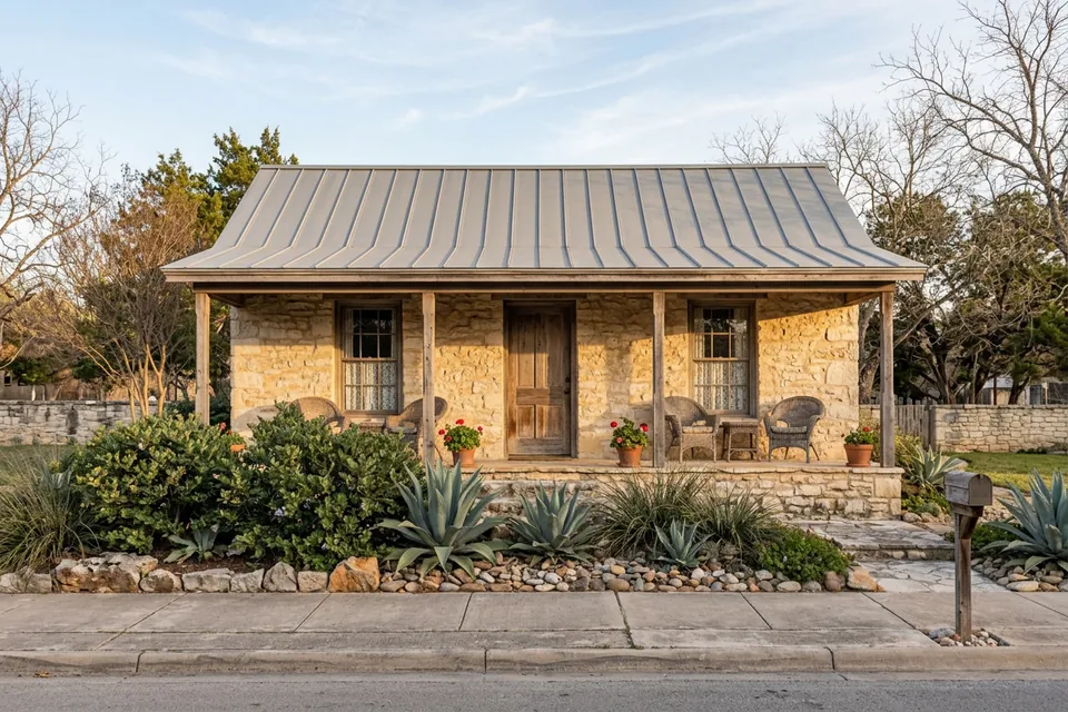 Illustration of a small limestone cottage with a tin roof