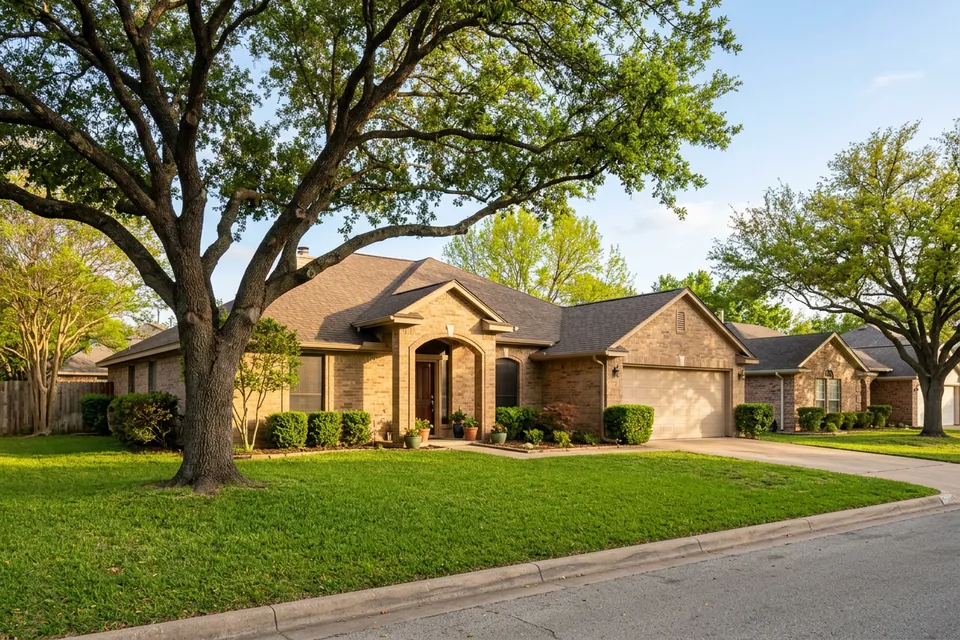 Illustration of a 1980s tan brick house with an arched entry