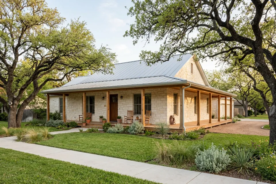 Illustration of a limestone ranch house with a metal roof