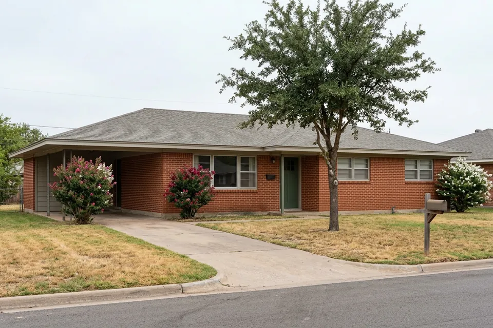 Illustration of a 1960s red brick ranch house with a carport