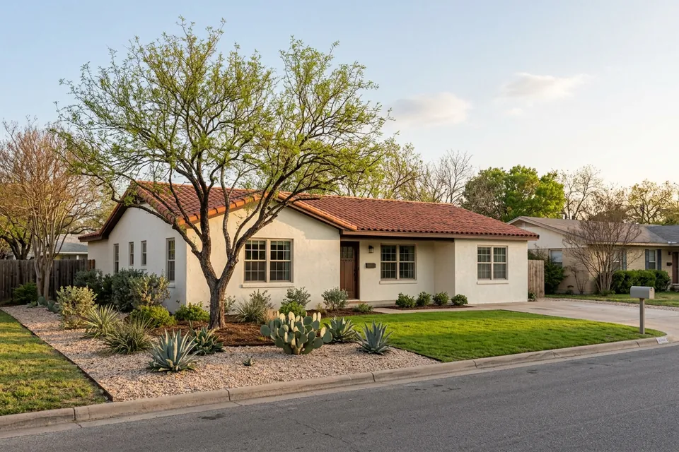 Illustration of a cream stucco ranch house with a tile roof