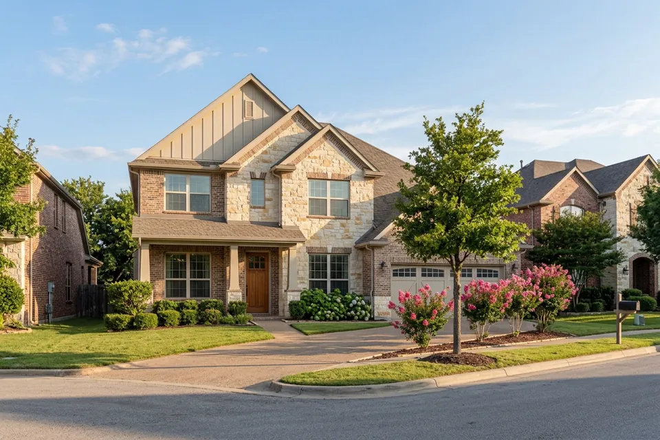 Illustration of a two-story stone and brick suburban house