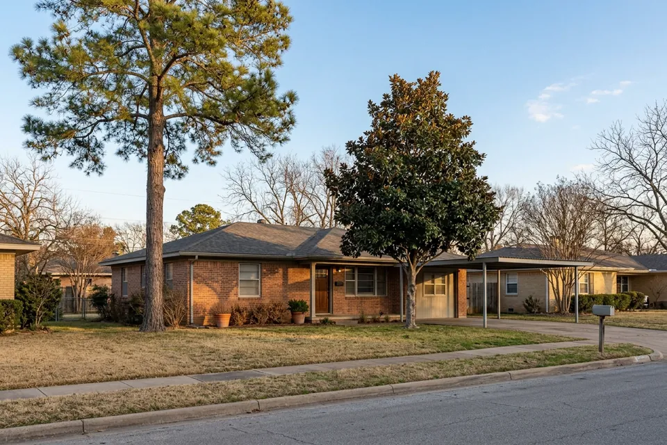 Illustration of a 1960s brick ranch house with a carport