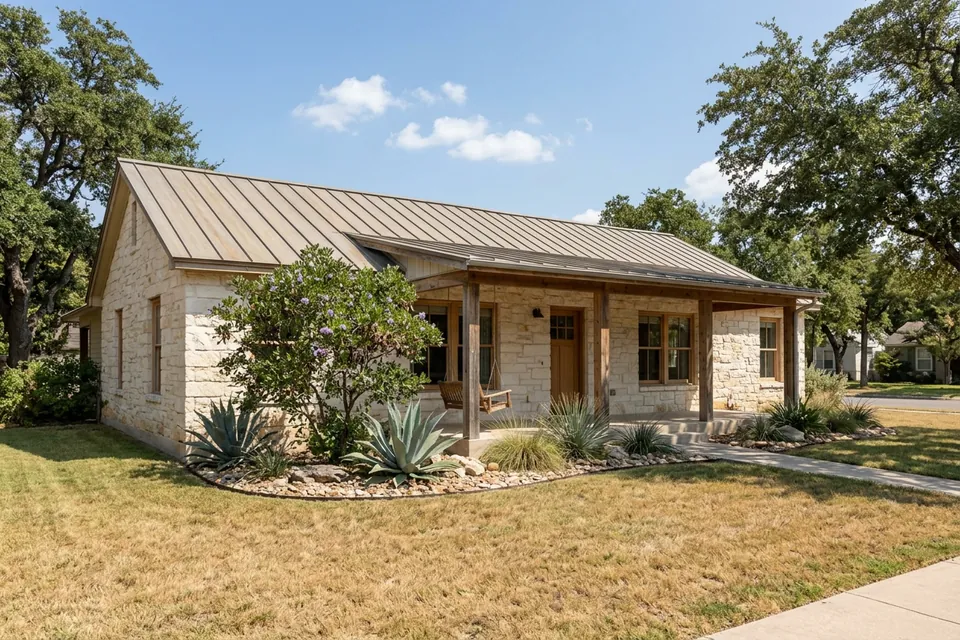 Illustration of a limestone ranch house with a metal roof