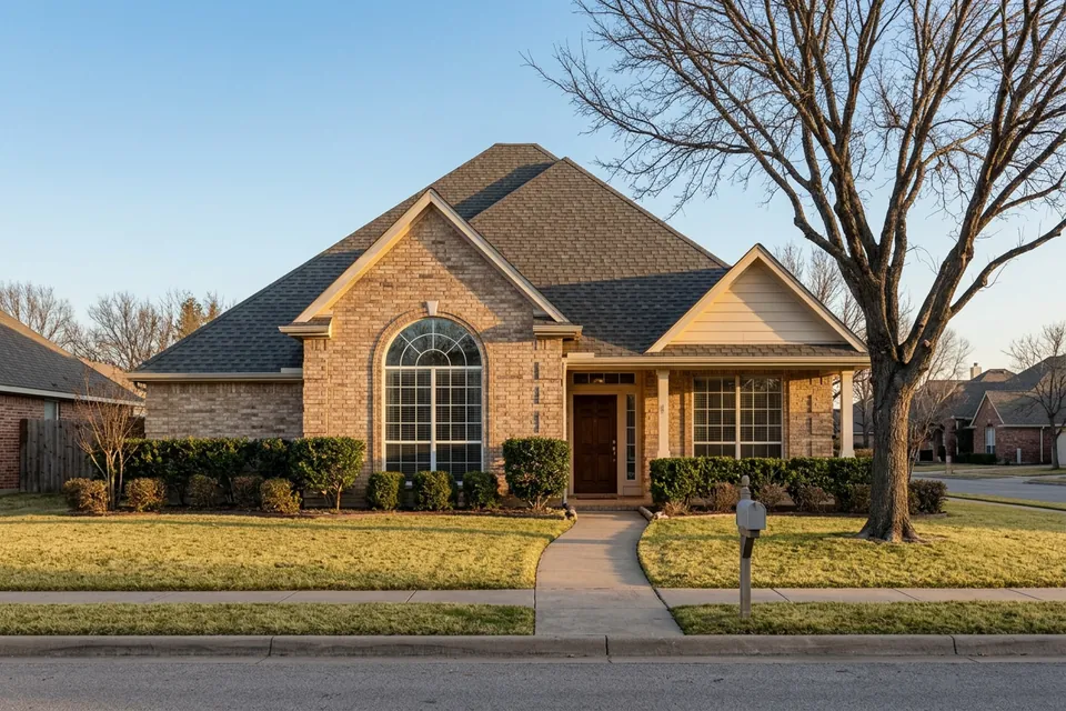 Illustration of a 1990s tan brick house with a tall roof