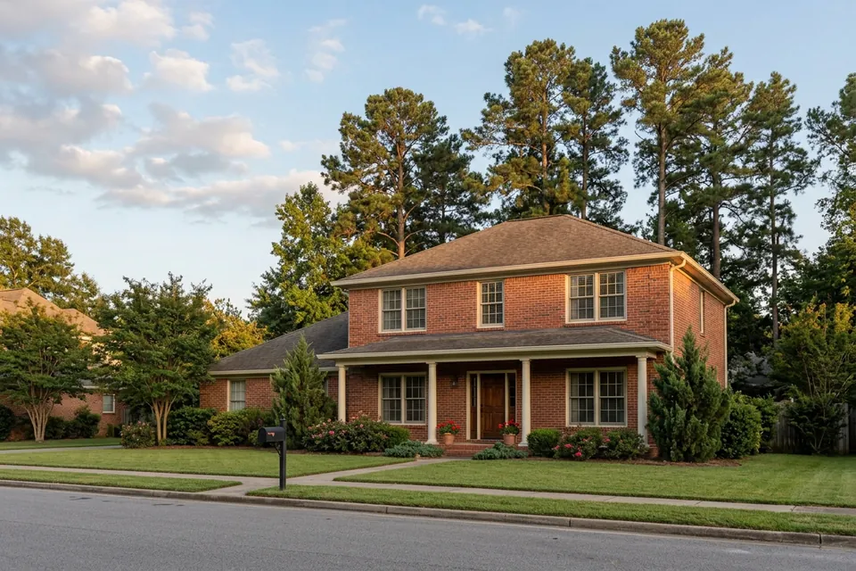 Illustration of a two-story red brick house with white columns