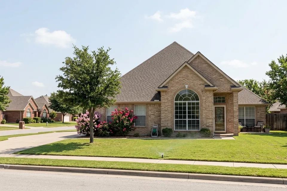 Illustration of a 1990s tan brick house with a tall roof
