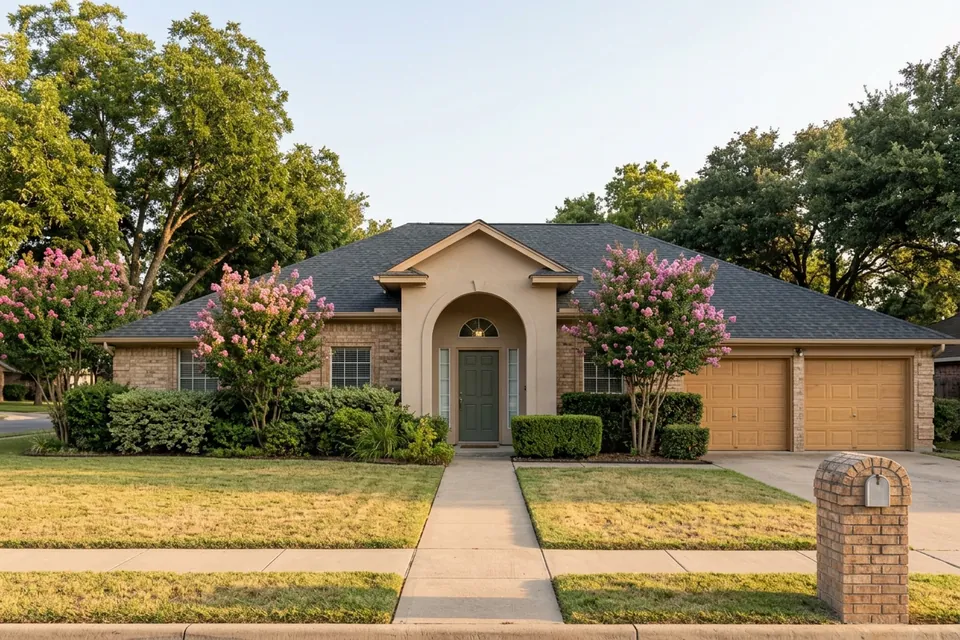 Illustration of a 1980s tan brick house with an arched entry