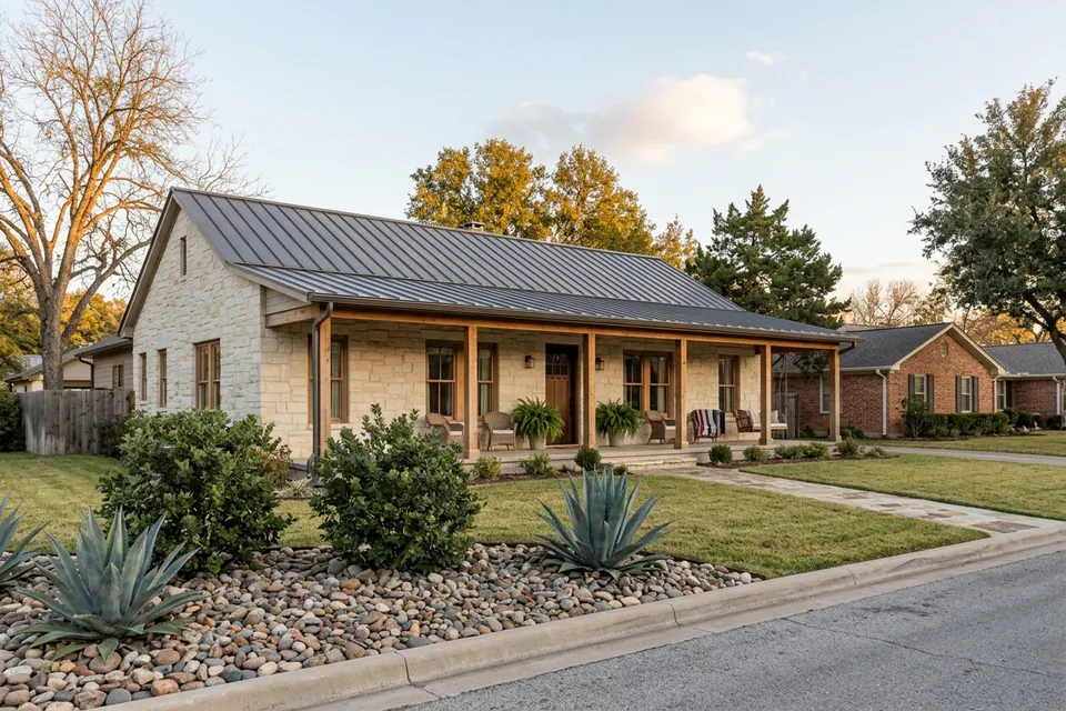 Illustration of a limestone ranch house with a metal roof
