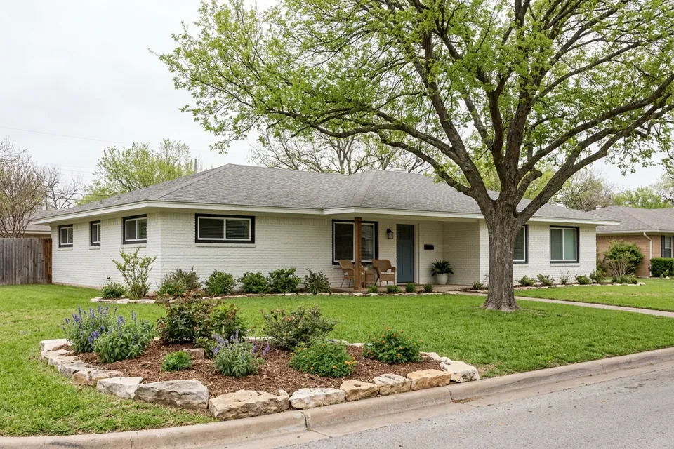 Illustration of a 1970s white-painted brick ranch house