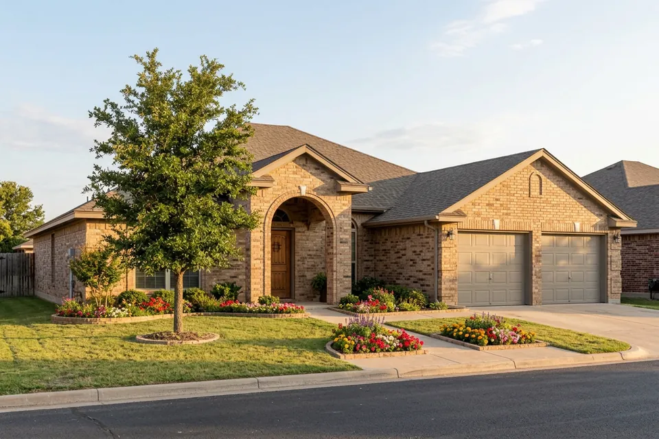 Illustration of a 1980s tan brick house with an arched entry